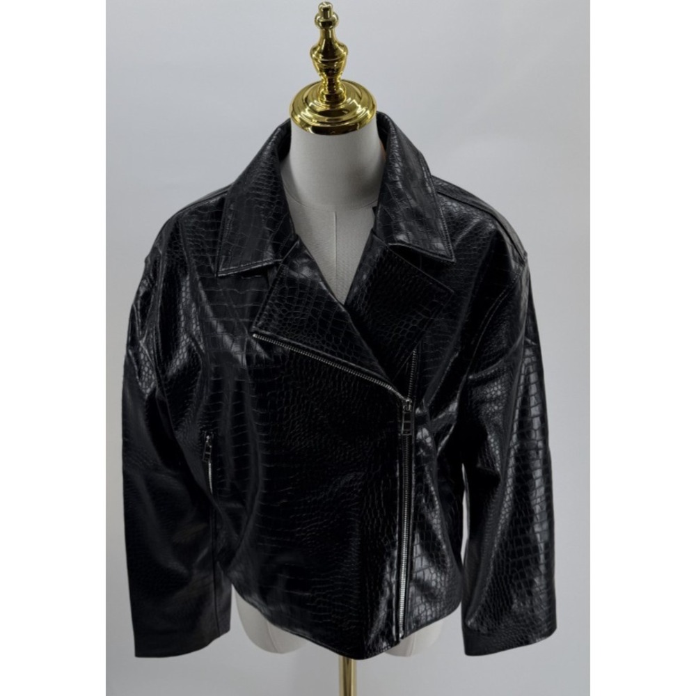 Boss Orange Black Croc Embossed Faux Leather Jacket Shiny Zip Women's Size 8